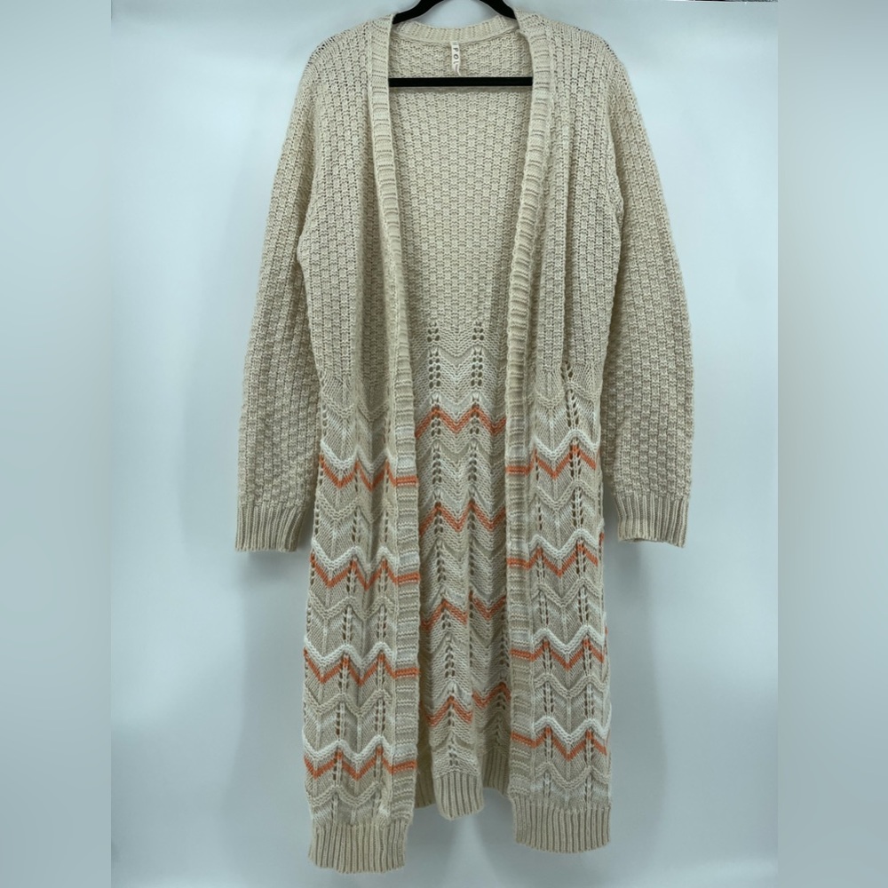 POL Long Cardigan Sweater Cream Orange Chevron Boho Knit M